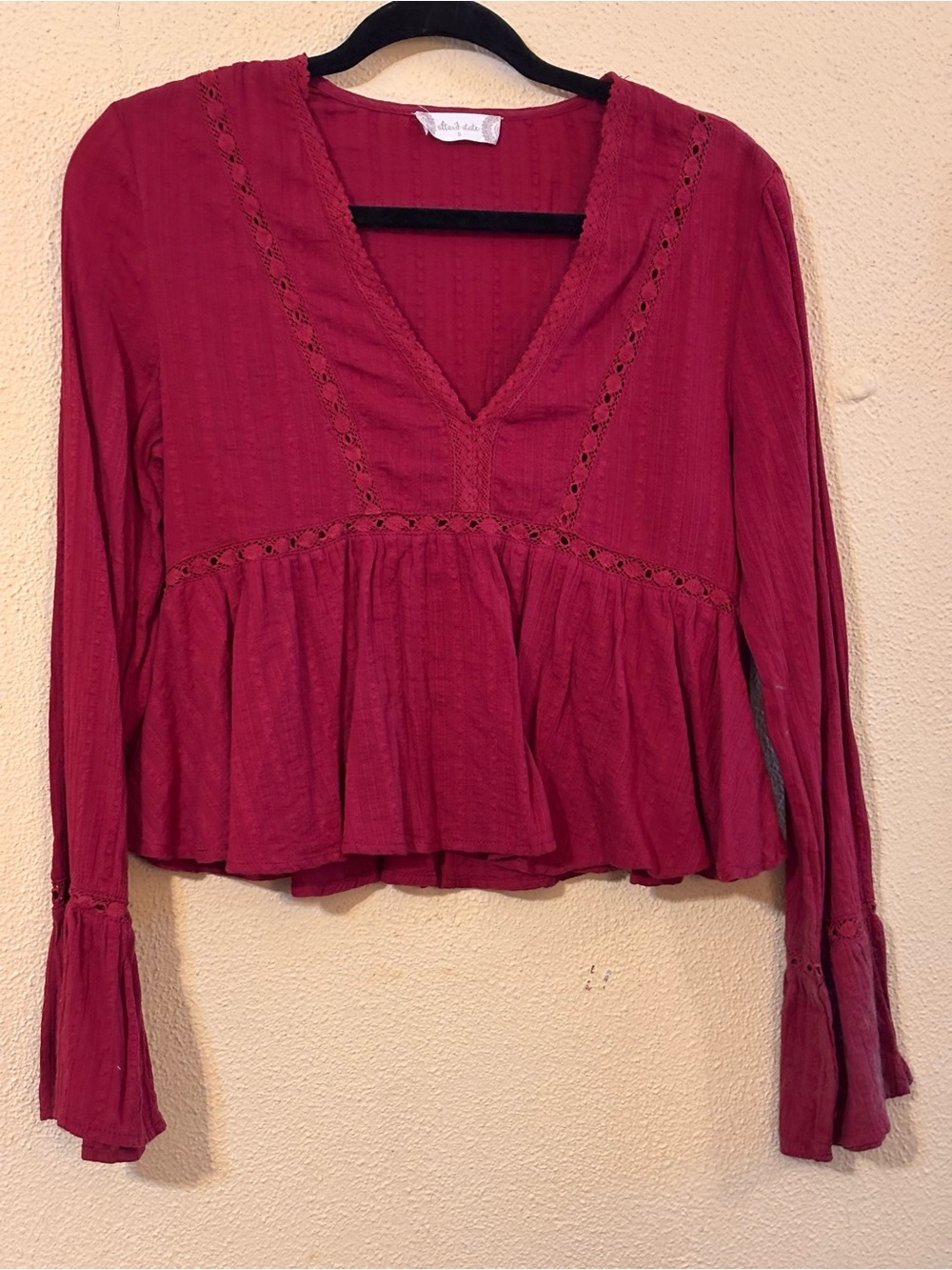 Alter’d State Burgundy Crochet-Trim Peplum Blouse Size Small
